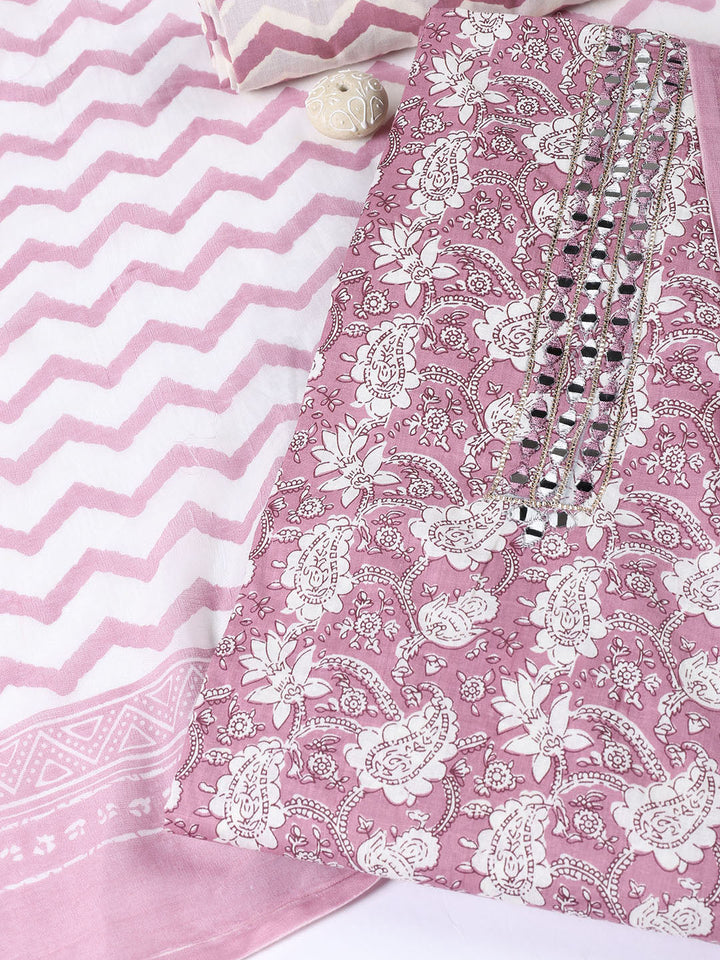 Printed Cotton Blend Unstitched Suit With Dupatta