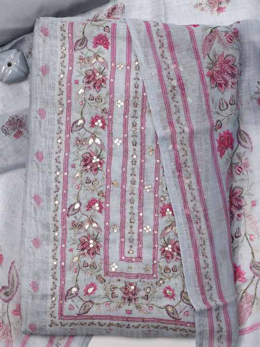 Neck Embroidered Linen Unstitched Suit Piece With Dupatta