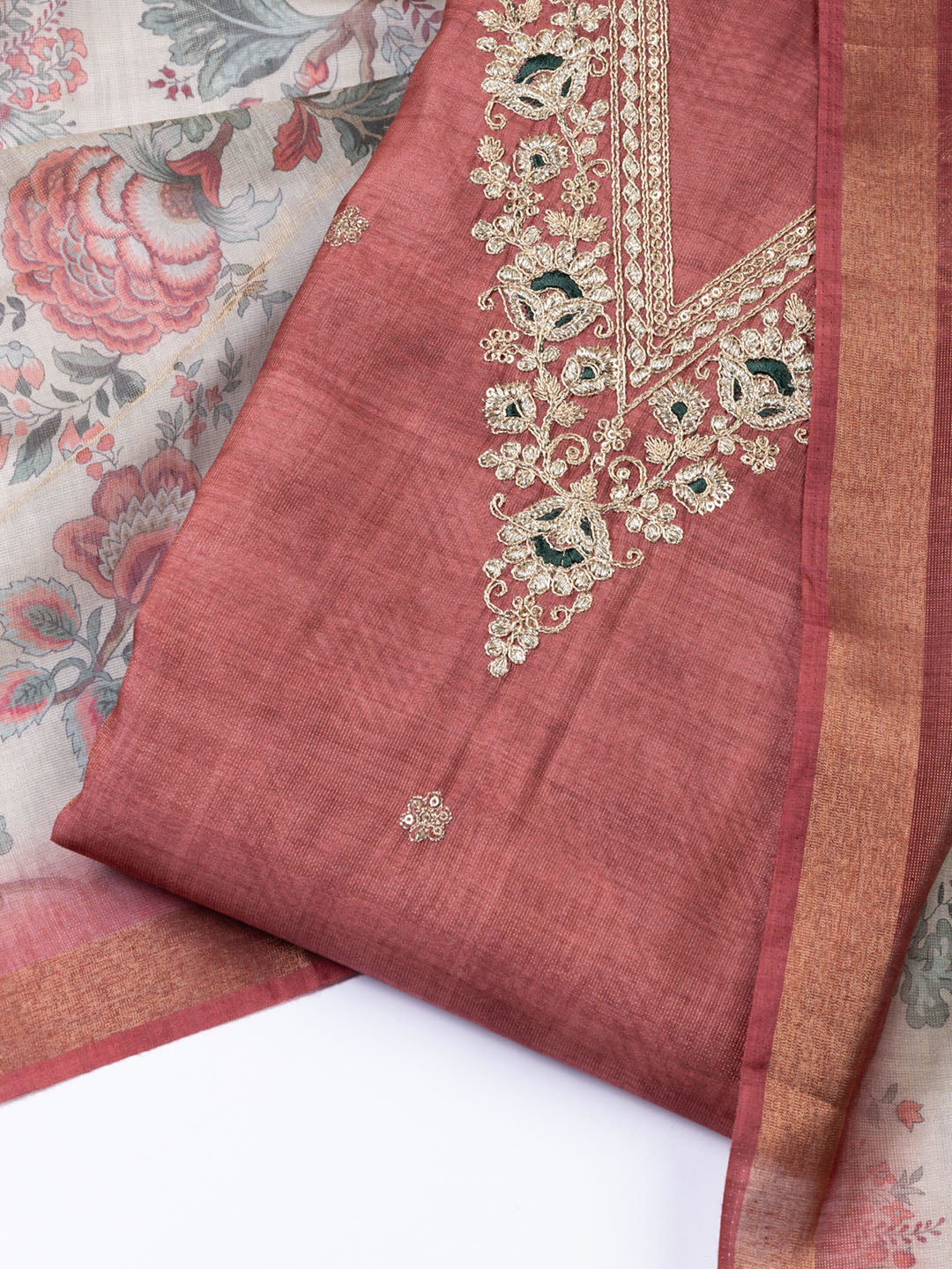 Neck Embroidered Chanderi Unstitched Suit With Dupatta
