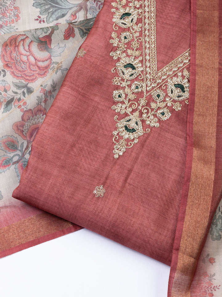 Neck Embroidered Chanderi Unstitched Suit With Dupatta