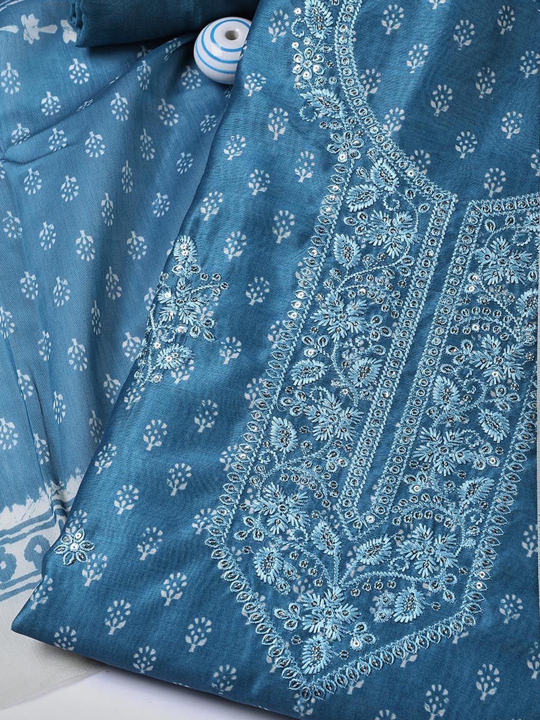 Neck Embroidery Chanderi Unstitched Suit With Dupatta