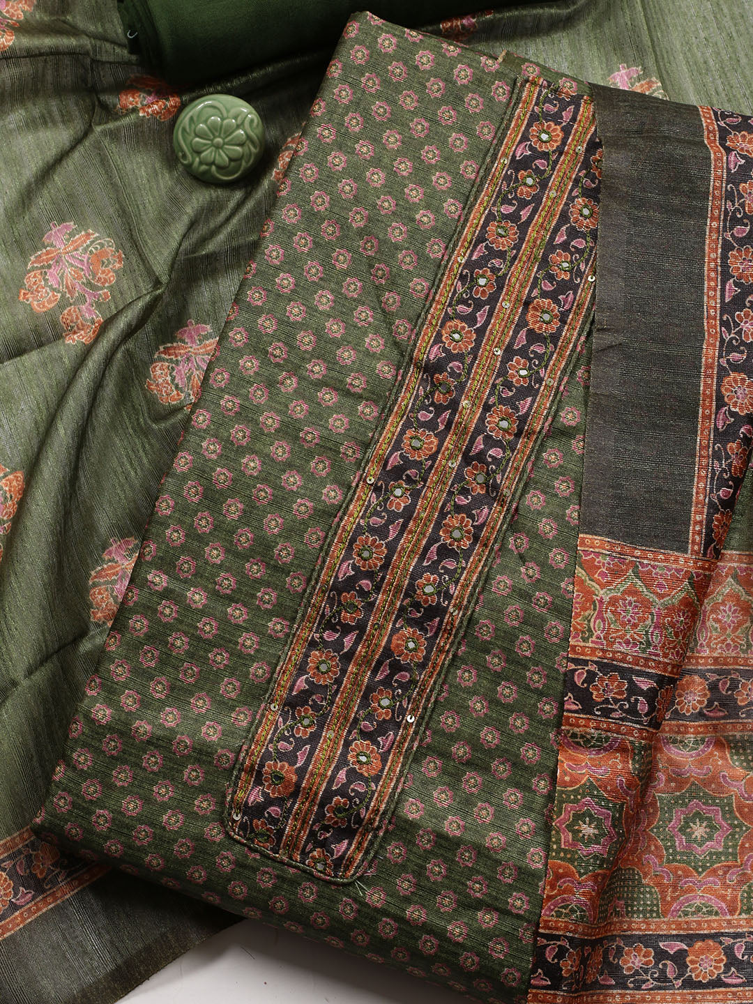 Neck Patti Chanderi Unstitched Suit With Dupatta