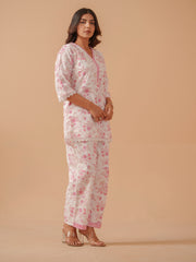 Printed & Lace Work Cotton Blend Shirt With Pant