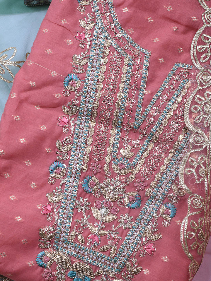 Neck Embroidery Chanderi Unstitched Suit With Dupatta