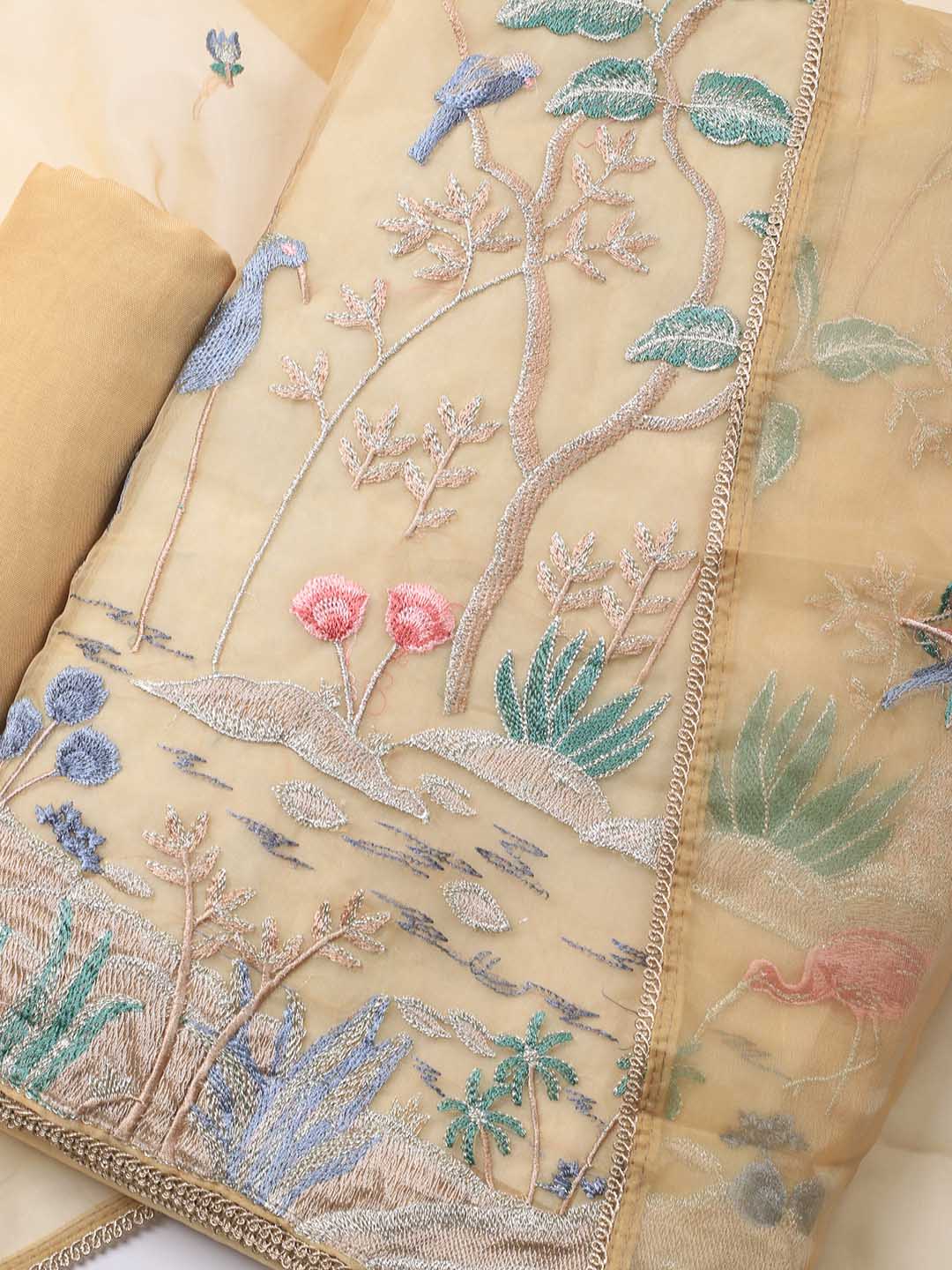 Neck Embroidered Organza Unstitched Suit Piece With Dupatta