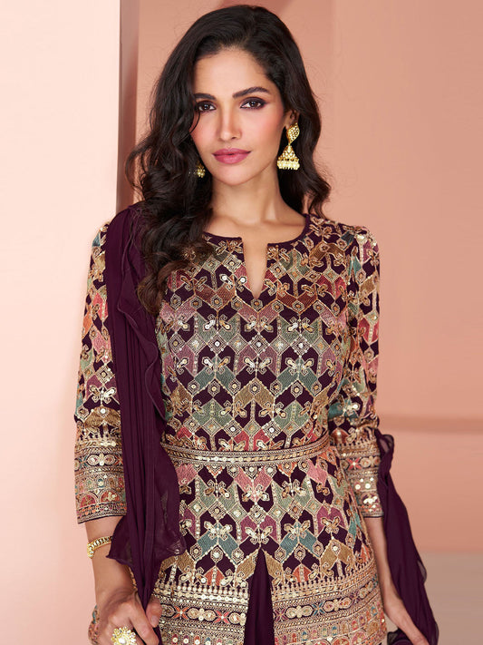 Embroidered Sequin Georgette Kurta With Palazzo And Dupatta