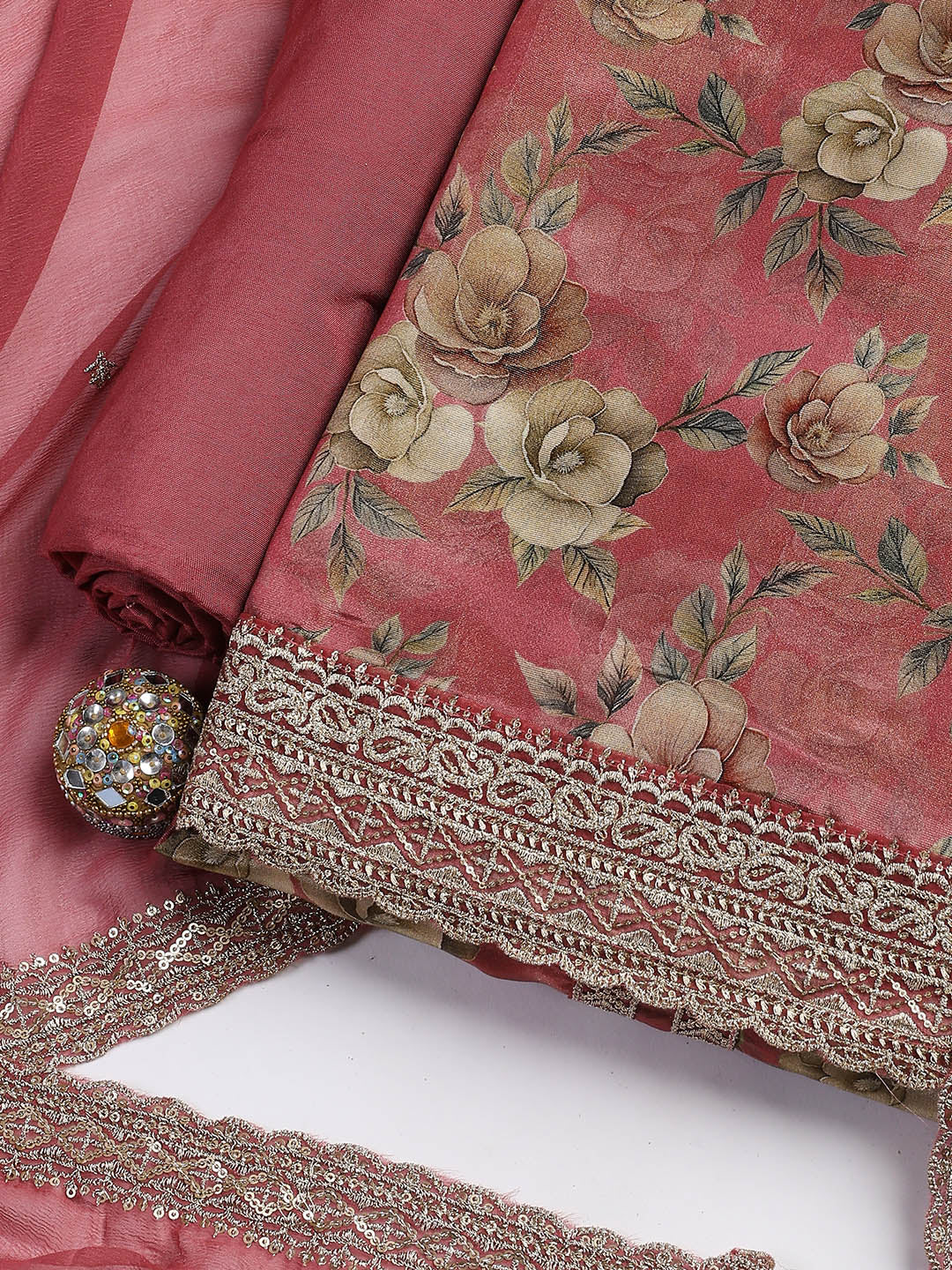 Patch Neck Art Silk Unstitched Suit With Dupatta