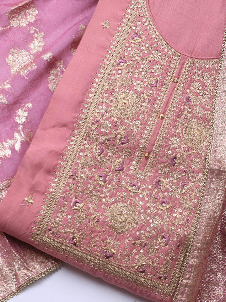 Neck Embroidery Chanderi Unstitched Suit With Dupatta