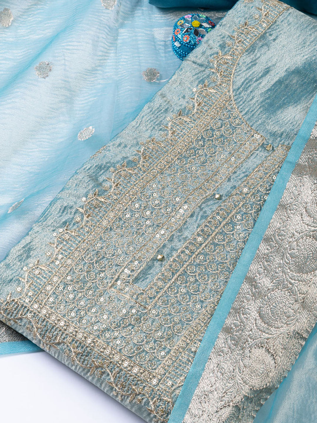 Neck Embroidered Tissue Unstitched Suit Piece With Dupatta