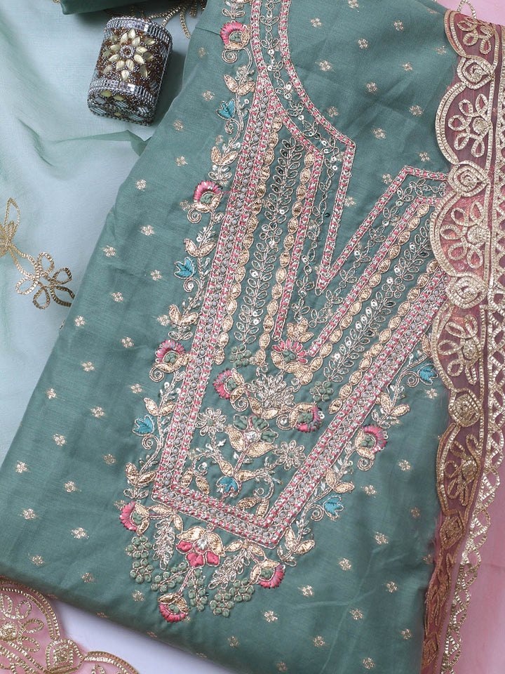 Neck Embroidery Chanderi Unstitched Suit With Dupatta