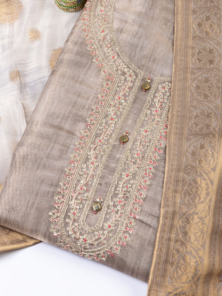 Neck Embroidered Tissue Unstitched Suit Piece With Dupatta