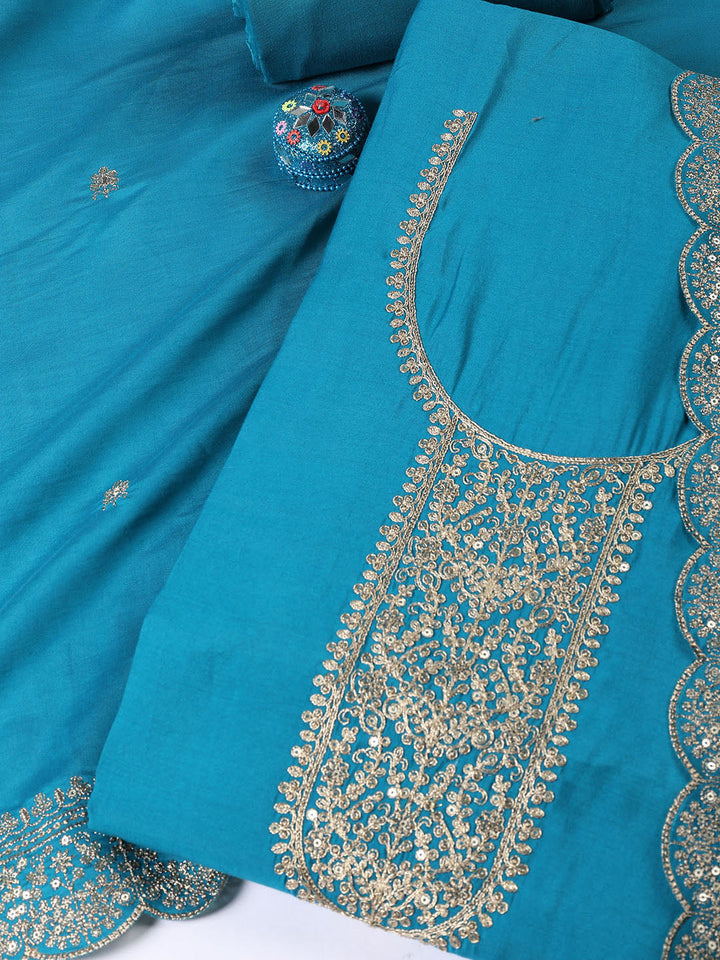 Neck Embroidered Chanderi Unstitched Suit Piece With Dupatta