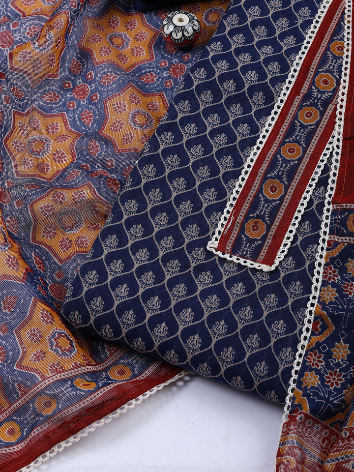 Printed Cotton Blend Unstitched Suit With Dupatta