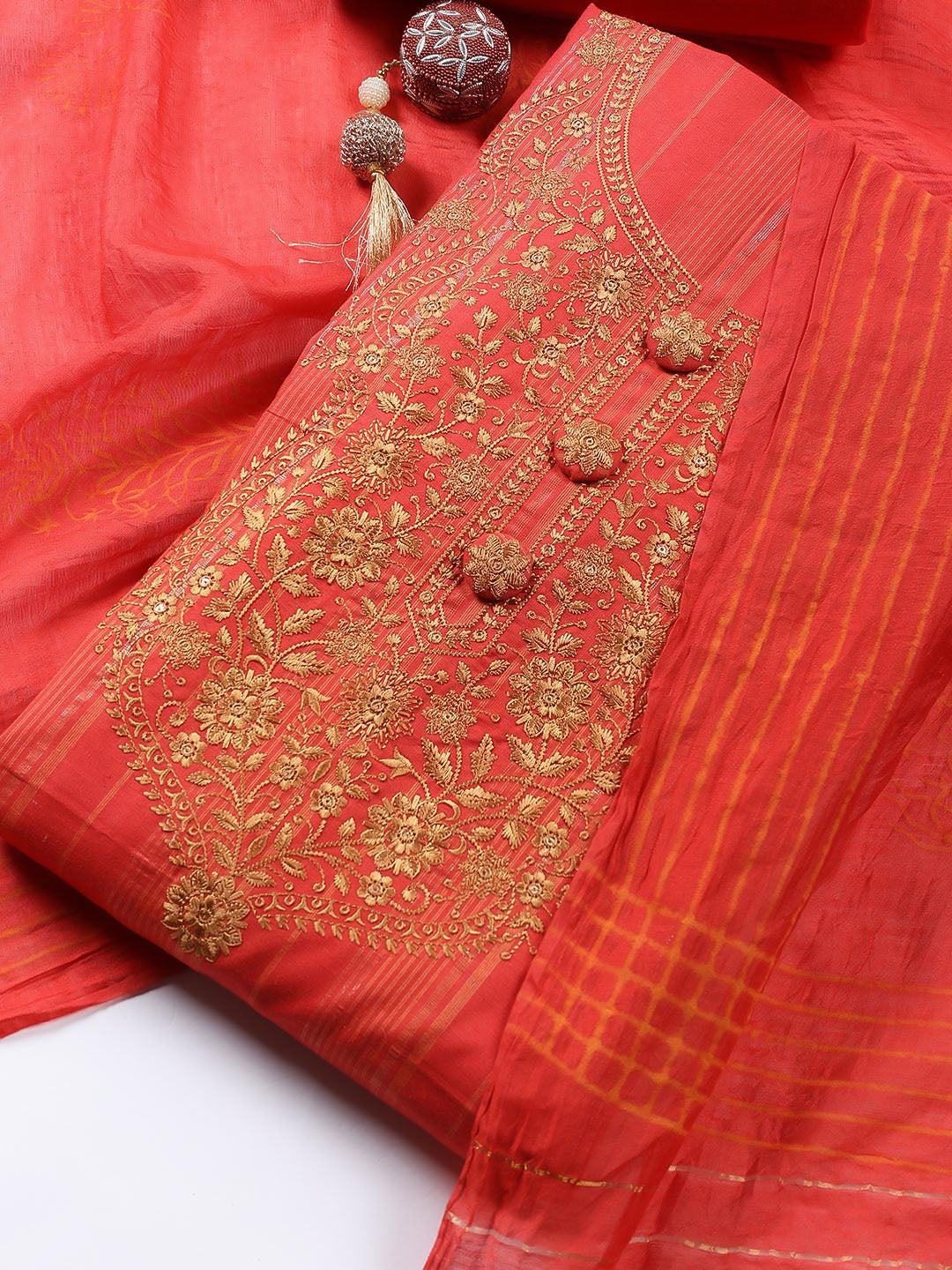 Neck Embroidered Cotton Blend Unstitched Suit Piece With Dupatta