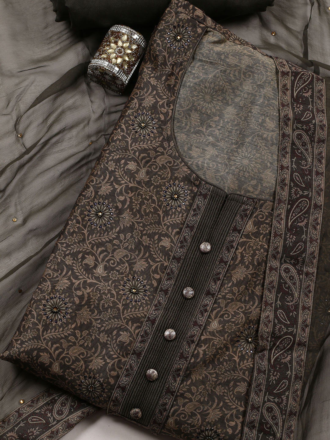 Neck Patti Chanderi Unstitched Suit Piece With Dupatta