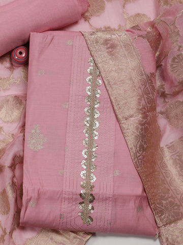 Neck Embroidered Chanderi Unstitched Suit Piece With Banarsi Dupatta