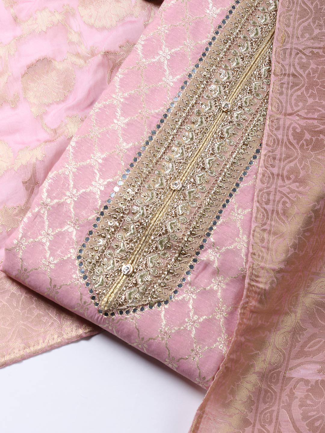 Neck Patti Printed Chanderi Unstitched Suit With Dupatta