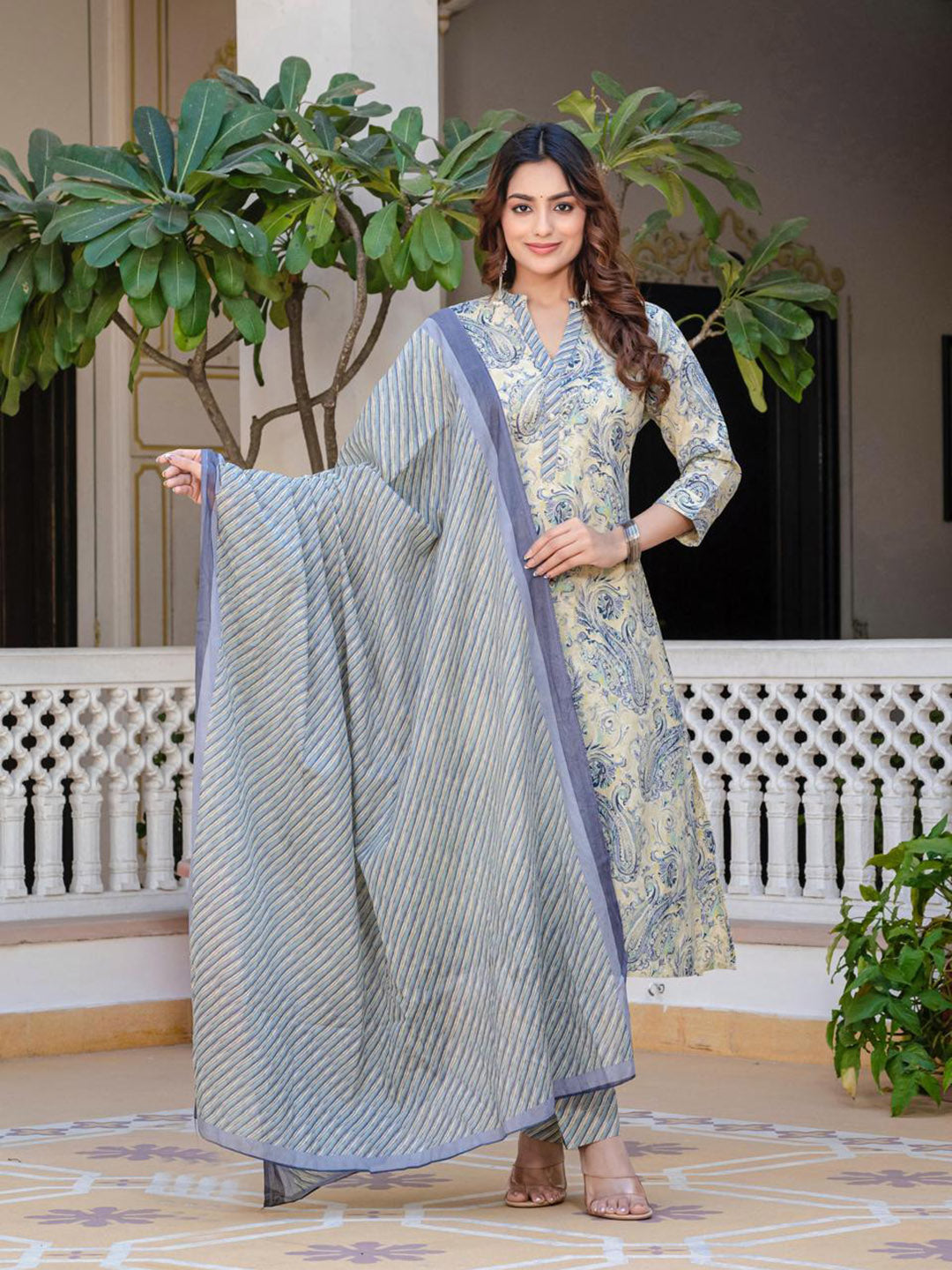 Printed Cotton Blend Kurta With Pants & Dupatta