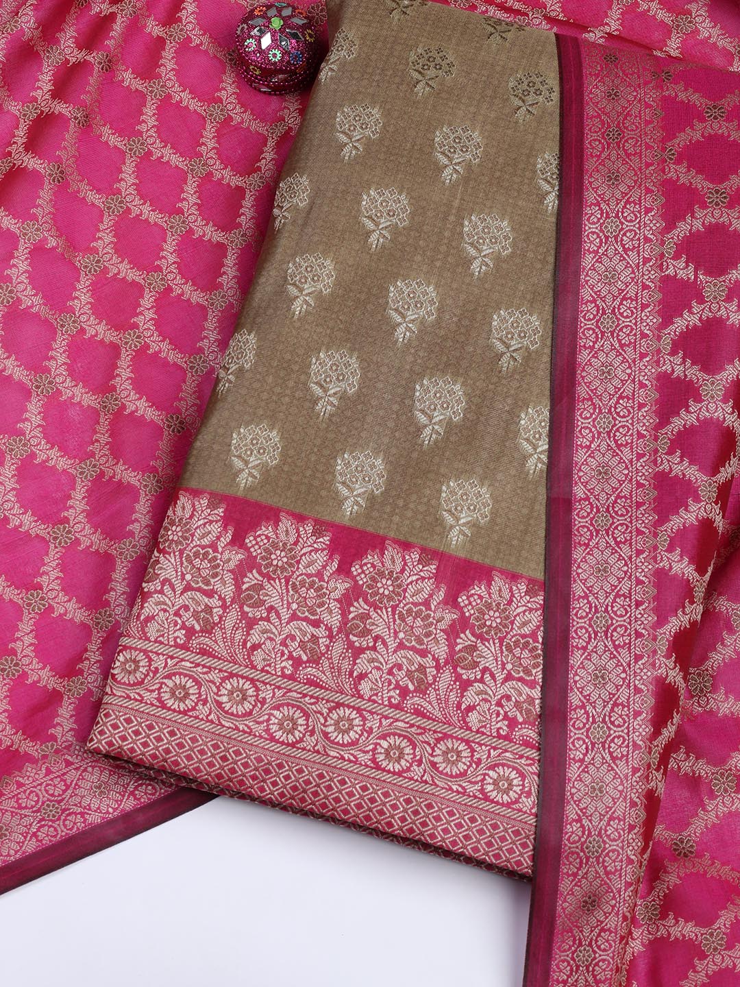 Floral Woven Booti Chanderi Unstitched Suit With Dupatta