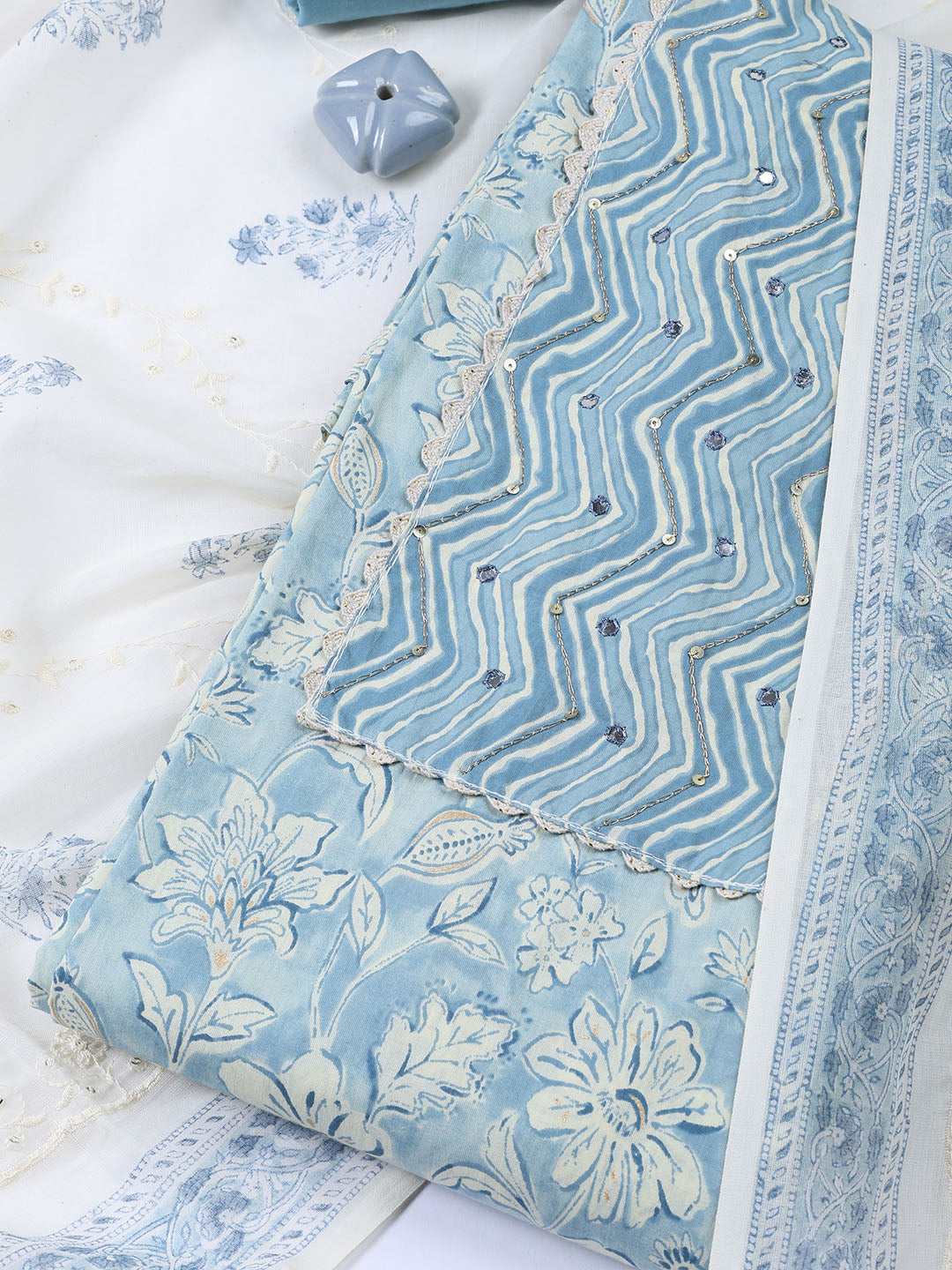 Neck Embroidered Cotton Blend Unstitched Suit With Dupatta