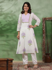 Digital Floral Printed Cotton Kurta With Pants & Dupatta