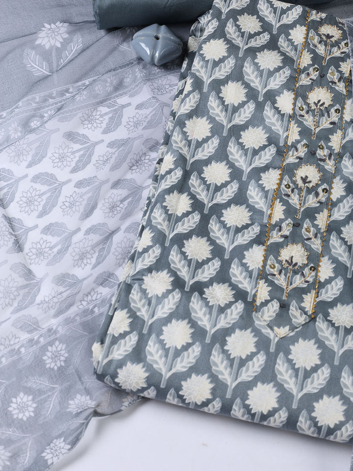 Printed Cotton Blend Unstitched Suit With Dupatta