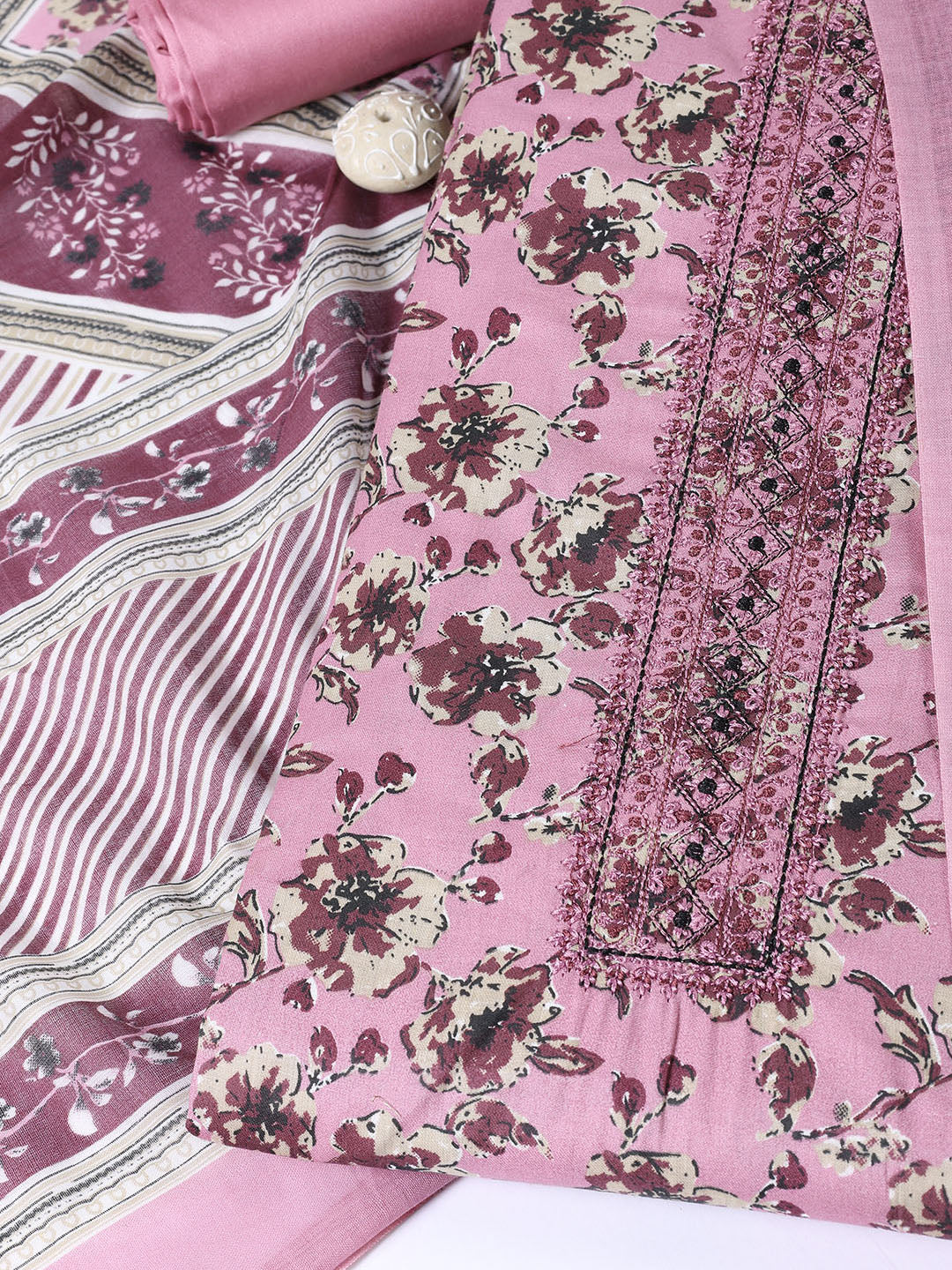 Neck Patti Cotton Blend Unstitched Suit With Dupatta
