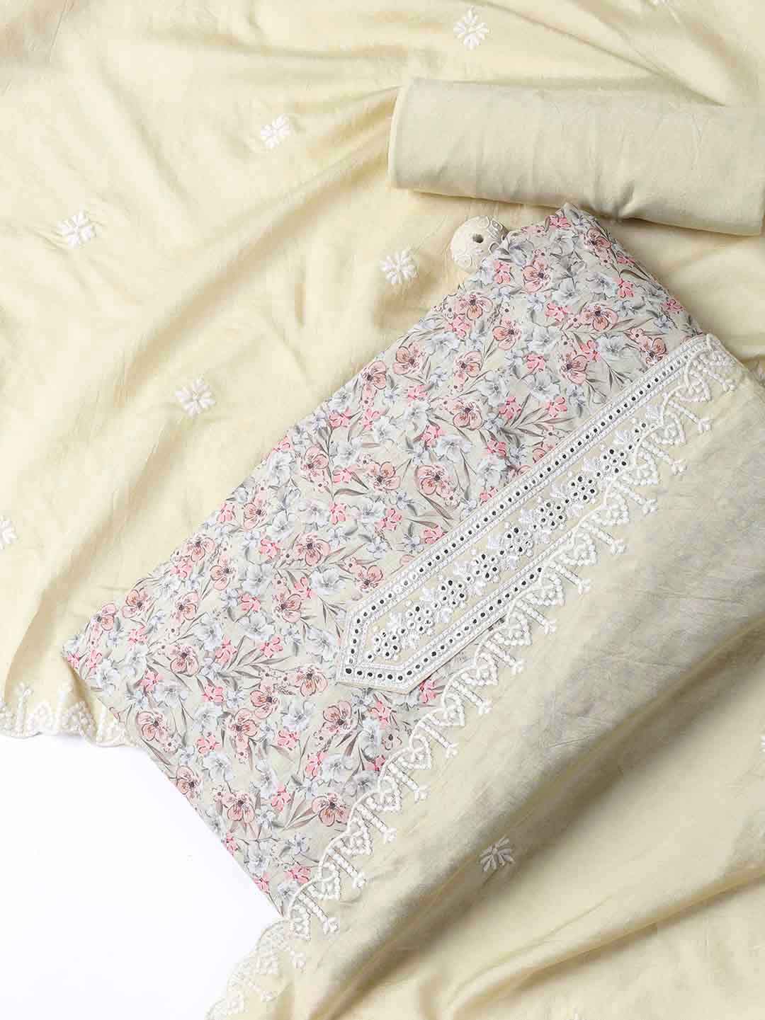 Printed Cotton Blend Unstitched Suit With Dupatta
