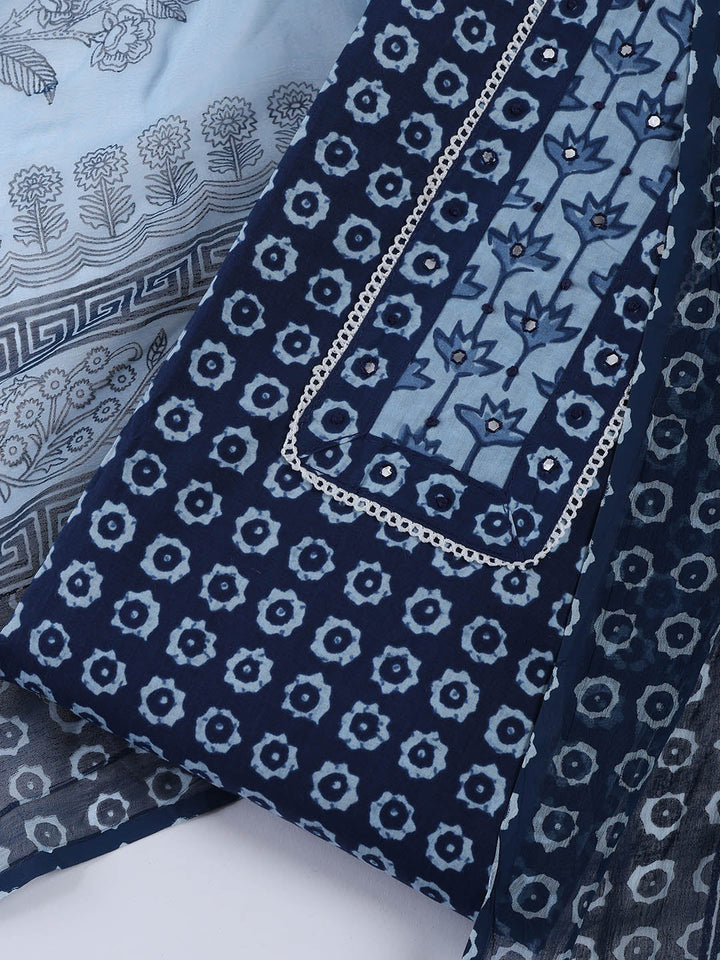 Printed Cotton Blend Unstitched Suit With Dupatta