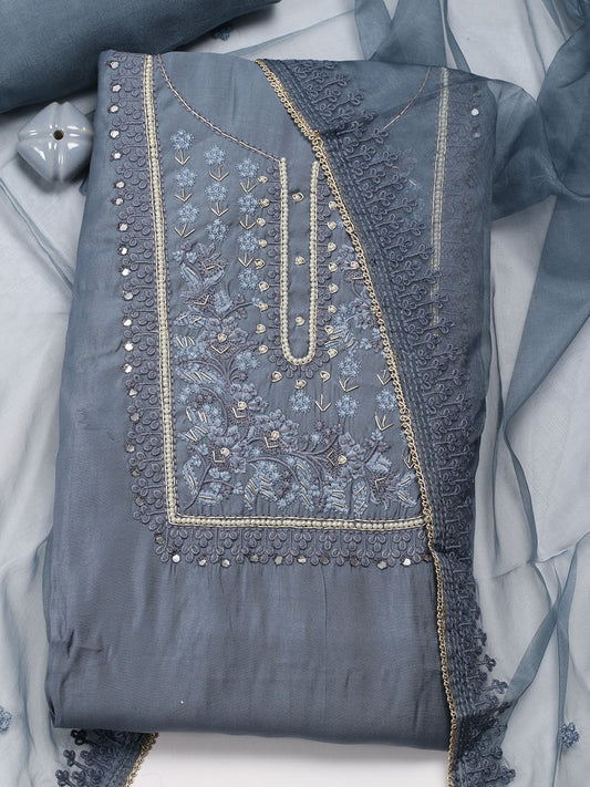 Neck Embroidery Chanderi Unstitched Suit Piece With Dupatta