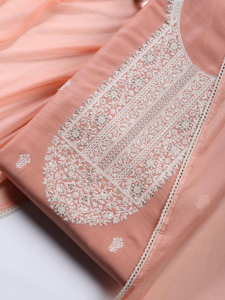 Neck Embroidered Chanderi Unstitched Suit With Dupatta