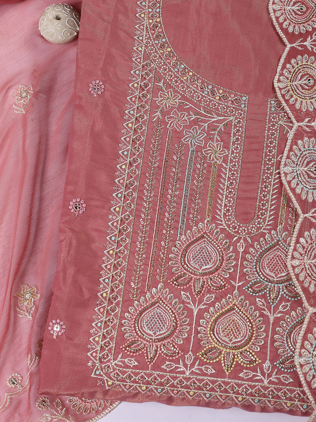 Embroidered Chanderi Unstitched Suit Piece With Dupatta