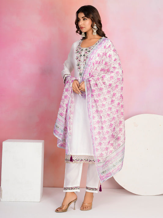 Neck Embroidery Cotton Blend Kurta With Pants & Dupatta