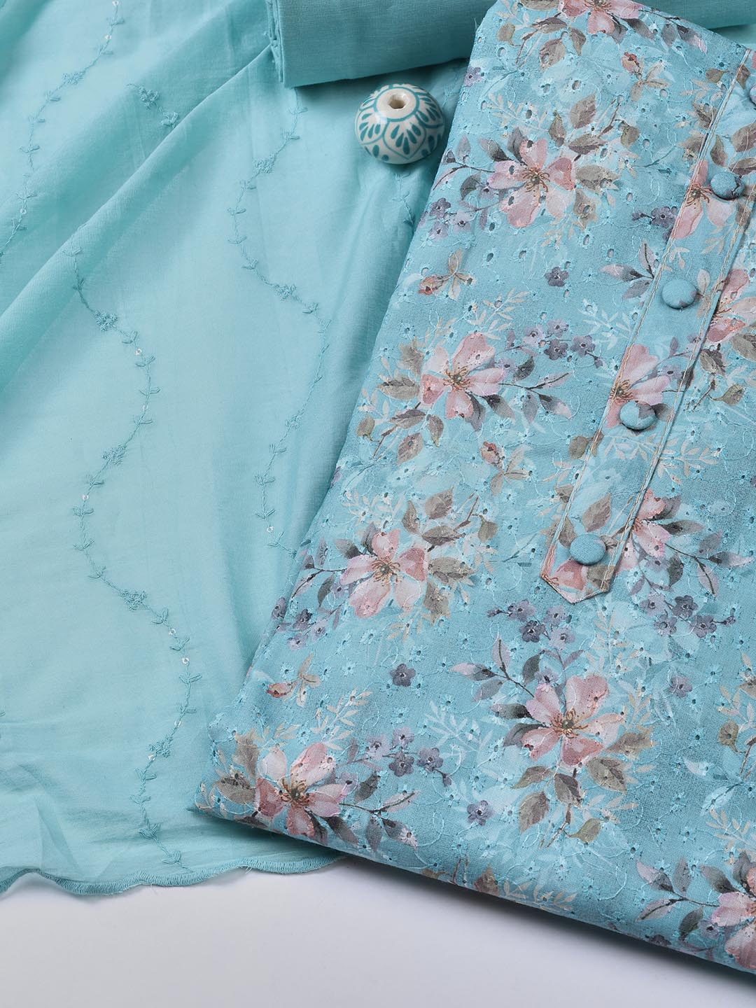 Printed Cotton Blend Unstitched Suit With Dupatta
