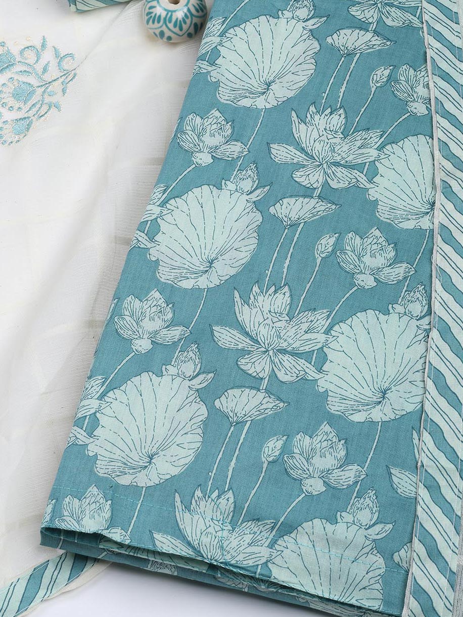 Printed Cotton Blend Unstitched Suit With Dupatta