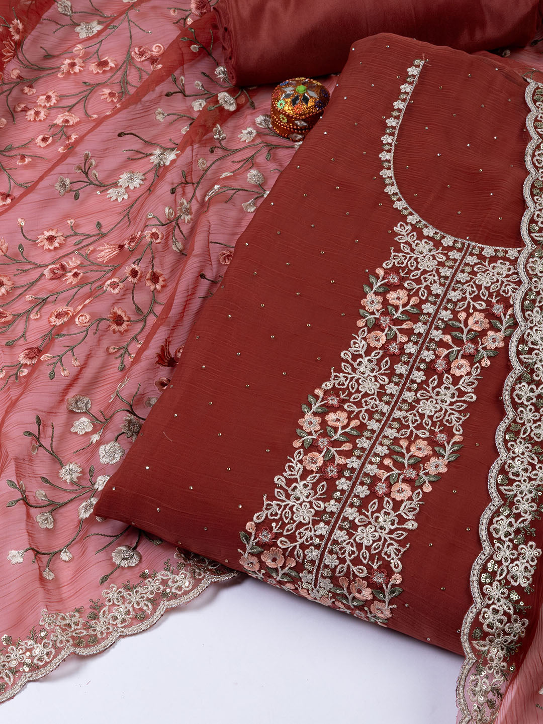 Neck Embroidered Organza Unstitched Suit With Dupatta