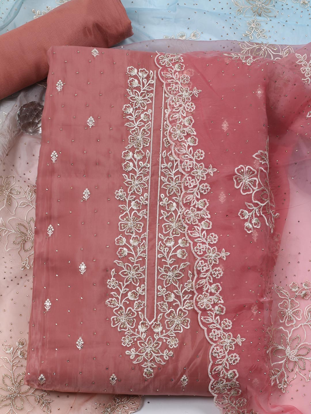 Neck Embroidery Organza Unstitched Suit Piece With Dupatta