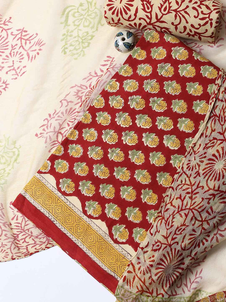 Printed Cotton Blend Unstitched Suit With Dupatta