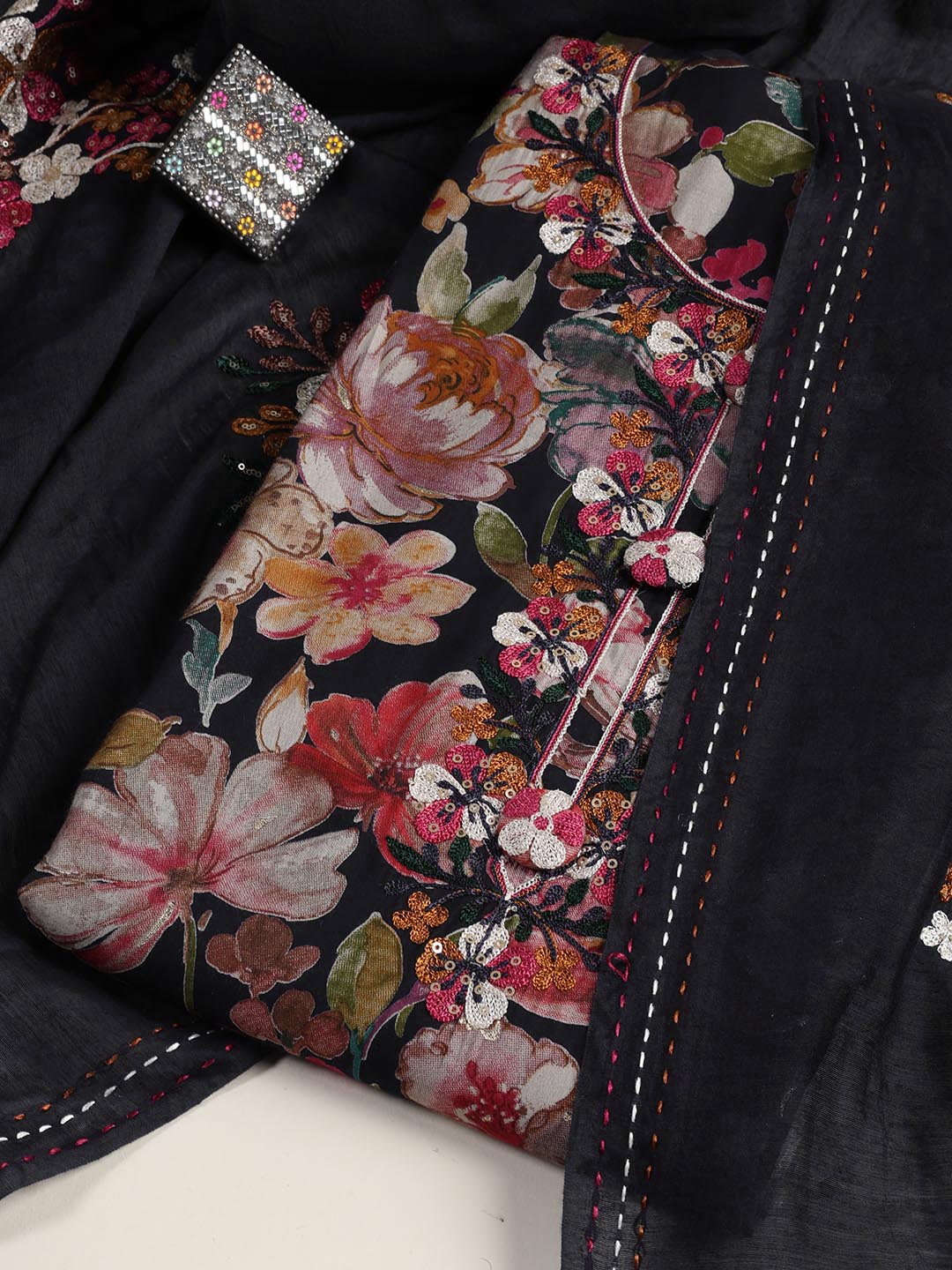 Neck Embroidered Cotton Blend Unstitched Suit Piece With Dupatta