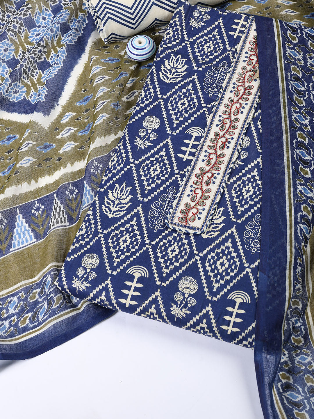 Neck Patti Cotton Blend Unstitched Suit With Dupatta