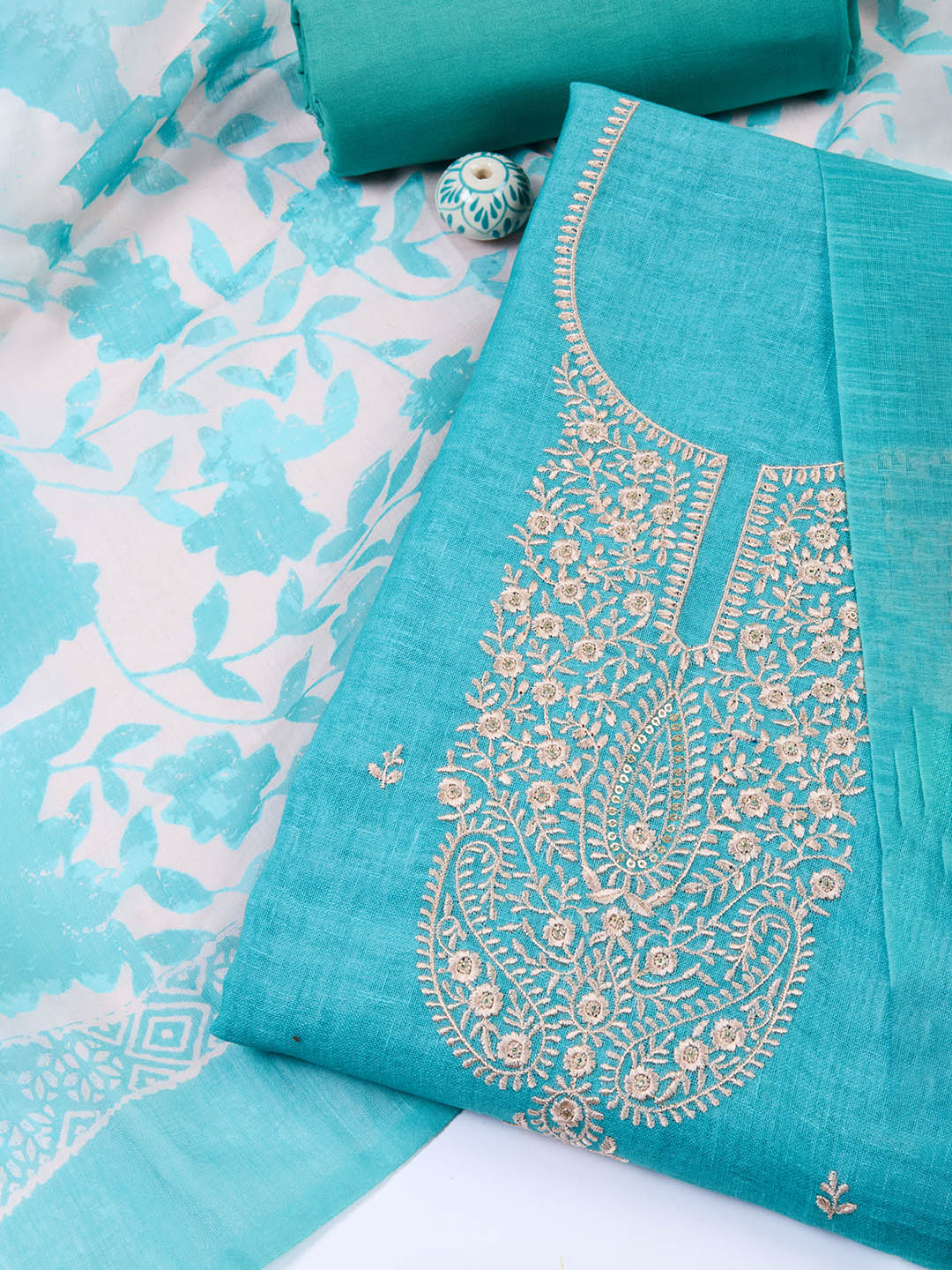 Neck Embroidered Cotton Blend Unstitched Suit With Dupatta