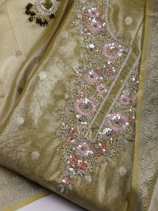 Neck Embroidered Tissue Unstitched Suit With Dupatta