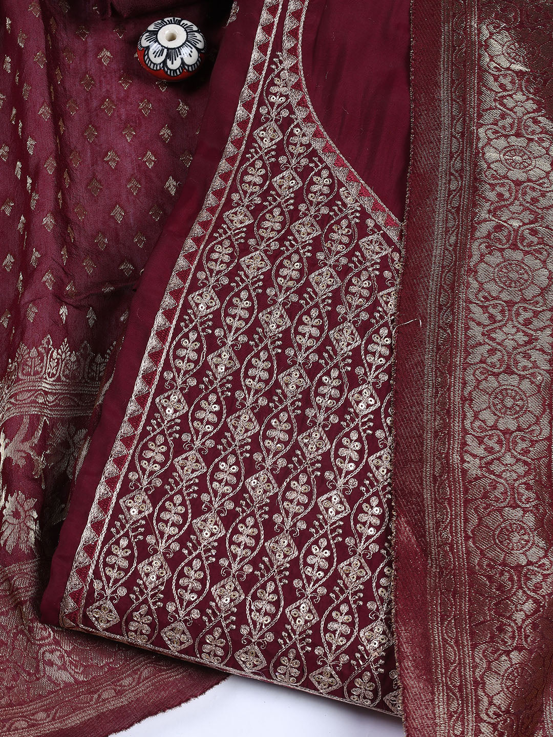 Neck Embroidered Chanderi Unstitched Suit With Dupatta