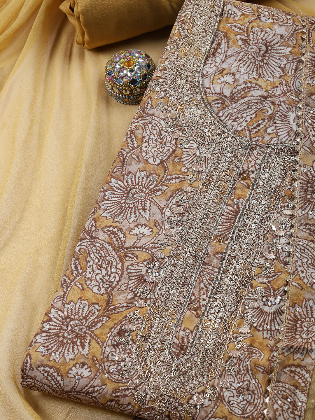 Neck Embroidered Cotton Blend Unstitched Suit With Dupatta