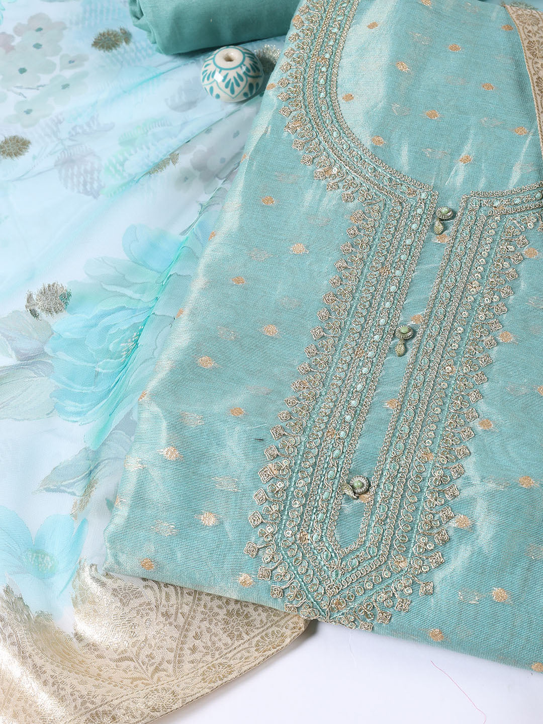 Neck Embroidered Tissue Unstitched Suit Piece With Dupatta