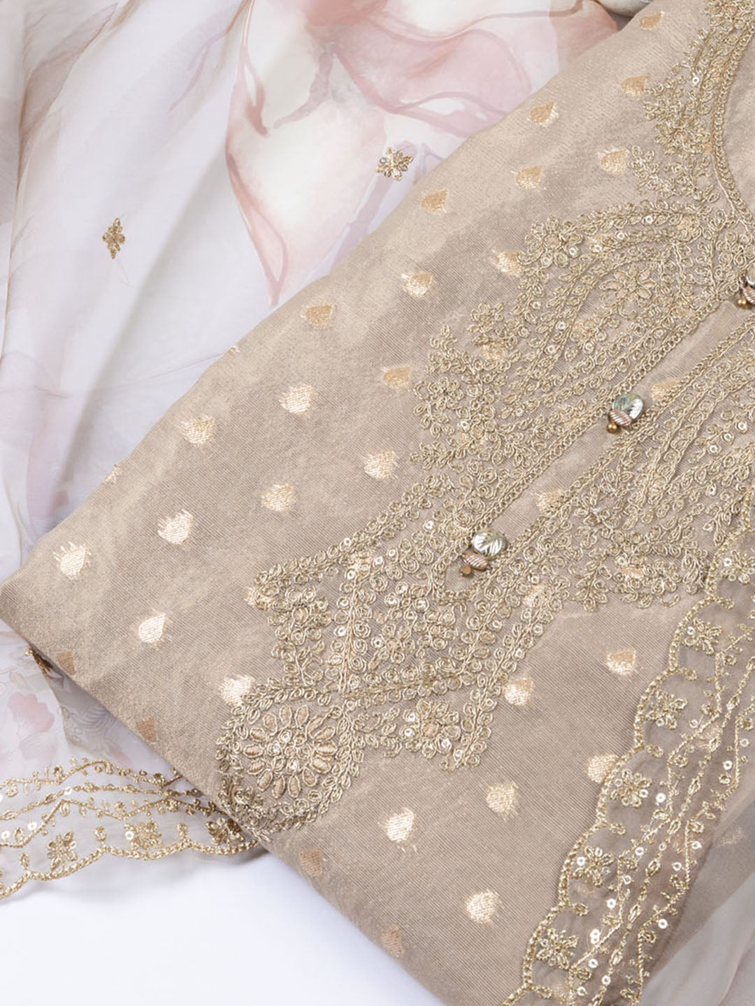 Neck Embroidered Tissue Unstitched Suit Piece With Dupatta