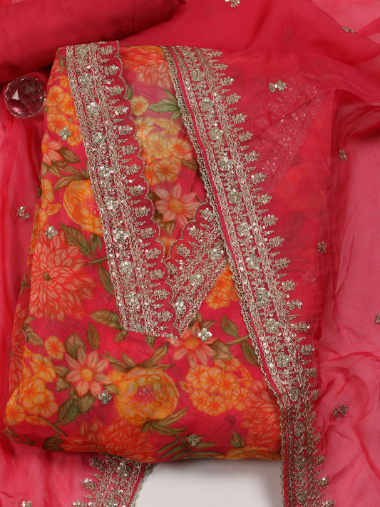 Neck Embroidered Organza Unstitched Suit With Dupatta