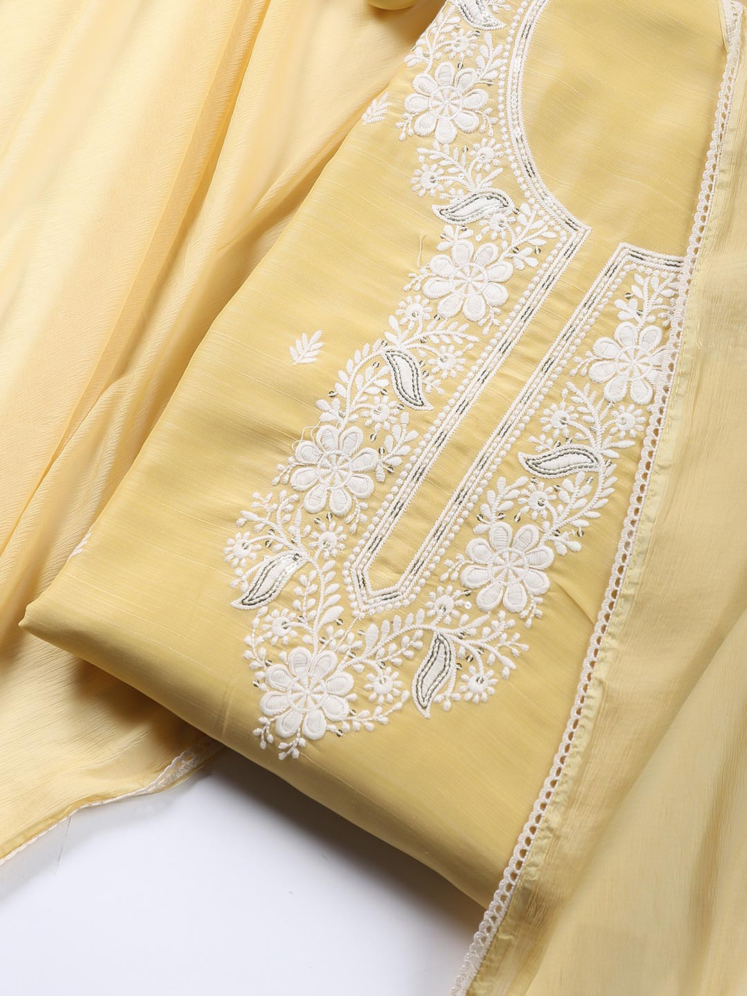Neck Embroidered Chanderi Unstitched Suit With Dupatta