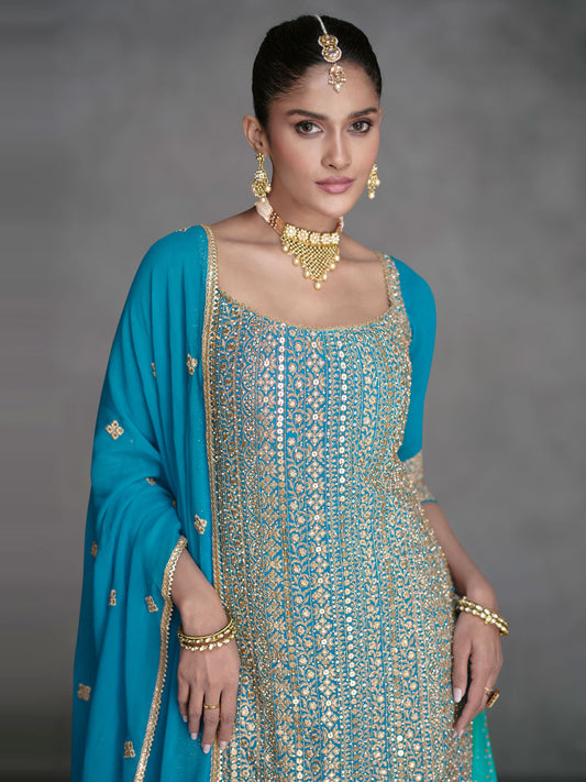 Embroidered Sequin Georgette Kurta With Palazzo And Dupatta