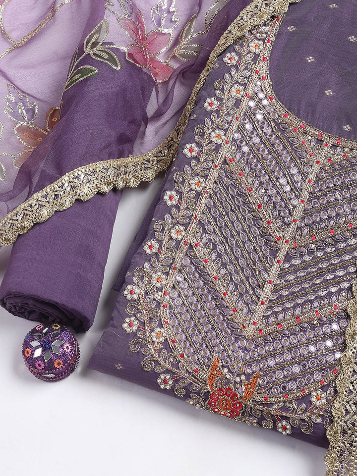 Neck Embroidery Chanderi Unstitched Suit With Dupatta